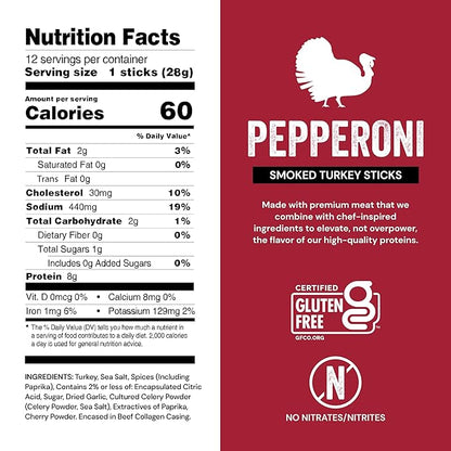 Chef’s Cut Real Turkey Jerky | Smoked Turkey Meat Sticks | High Protein Snack with 8 g Protein & 100 Calories, Gluten Free, Keto-Friendly| Pepperoni | 1 oz Stick (12-Count Bag)