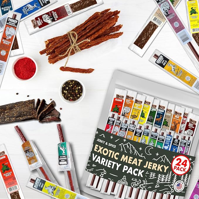Buffalo Bob's Wild Game Meat Snacks (24 pack) | Beef Jerky Assortment Pack of Flavorful Strips & Sticks | Snacks Variety Pack for Adults | Exotic Jerky | Ideal Gifts for Anniversary, Camping, Hunting