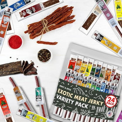 Buffalo Bob's Wild Game Meat Snacks Gift Box (24 pack) | Ultimate Exotic Snack Box | Multiple Wild Game Beef Sticks | Jerky Variety Pack for Anniversary, Camping, Hunting & Birthday Gifts for Men