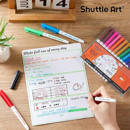 Shuttle Art Dry Erase Markers 15 Colors — Ultra Fine Tip Whiteboard Markers with Eraser
