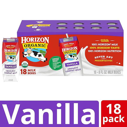 Horizon Organic Shelf Stable 1% Lowfat Vanilla Milk Boxes, 8 fl oz, 18 Count - 8g Protein per Serving, USDA Organic UHT, Ready to Drink for Lunchbox, Travel, or On-the-Go, No Refrigeration Needed