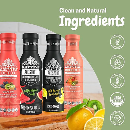Karviva Organic Juice Cleanse & Skin Glowing Pack for Weight Control & Sugar Detox - Ancient Remedies for Gentle Detox & Collagen Boost, Low-Sugar, High Fiber, Prebiotic, Antioxidants & Vitamins, 6 BPA-Free Bottles, 12 oz Each
