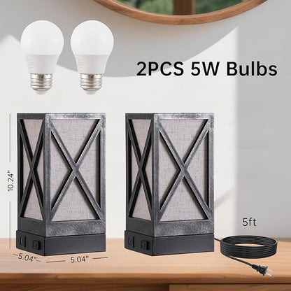 Table Lamp, Set of 2 Rustic Farmhouse Nightstand Lamps, 3 Color Temperatures Desk Lamp with USB Charging Ports AC Outlet Vintage Lamp for Living Room Bed Room, Pewter