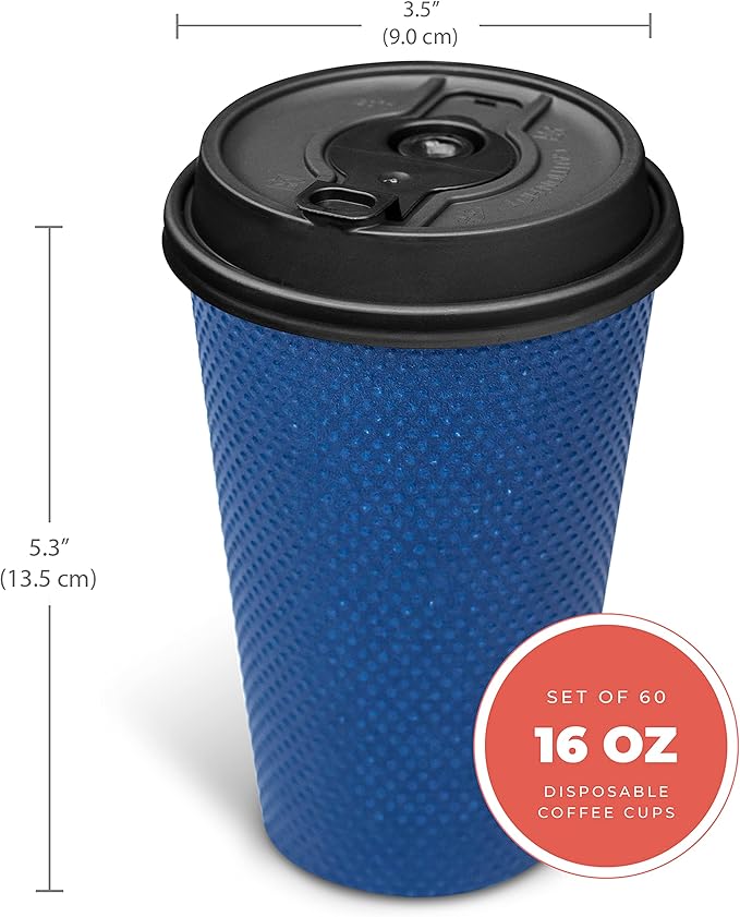 To Go Coffee Cups With Lids - 16 oz Disposable Coffee Cup With Lid (60 Set). Large Togo Travel Paper Hot Cups Insulated For Hot, Cold Beverage Drinks, No Sleeves Needed (Midnight Blue)