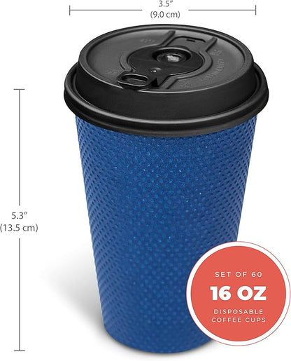To Go Coffee Cups With Lids - 16 oz Disposable Coffee Cup With Lid (60 Set). Large Togo Travel Paper Hot Cups Insulated For Hot, Cold Beverage Drinks, No Sleeves Needed (Midnight Blue)