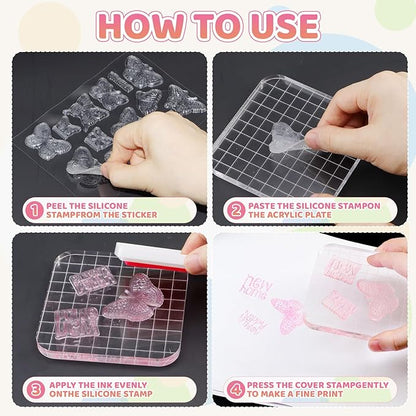 Craft Ink Pads and Clear Stamps Set for Card Making, 8 Washable Finger Stamp Pad,Rubber Stamps for Journaling, Scrapbooking, DIY Arts Craft Beginner Kit for Teens and Adults