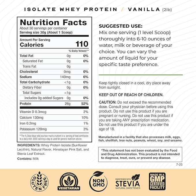 Muscle Feast Grass-Fed Whey Protein Isolate, All Natural Hormone Free Pasture Raised, Whey Isolate Protein Powder for Men and Women, Clean, Gluten-Free, Delicious Isolate Protein - Vanilla, 2lb