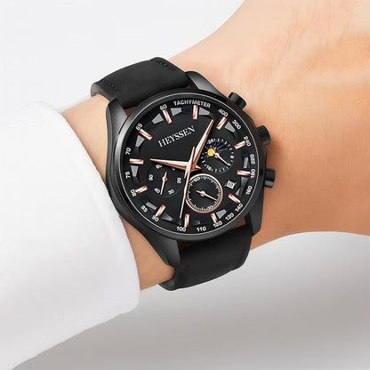 Watches for Men Chronograph Analog Luminous Quartz Watch Blue Black Luxury Genuine Leather Mens Watches Business Sports Waterproof Wristwatch Elegant Gift for Him