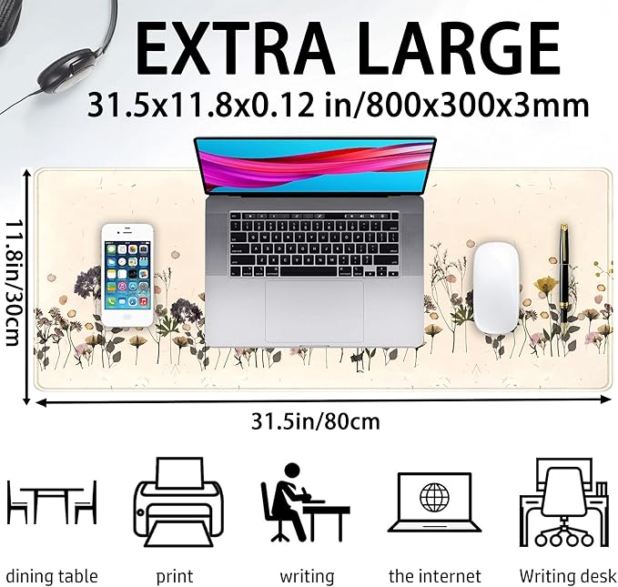 Wildflowers Desk Pad Beige Yellow Gaming Desk Mat, Large Keyboard Mouse Pad XL, Extended Full Laptop Mouse Mat, Office & Home Decor for Women, Desktop Aesthetic Accessories 31.5" x 11.8"