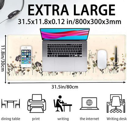 Wildflowers Desk Pad Beige Yellow Gaming Desk Mat, Large Keyboard Mouse Pad XL, Extended Full Laptop Mouse Mat, Office & Home Decor for Women, Desktop Aesthetic Accessories 31.5" x 11.8"