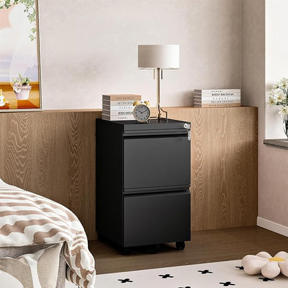 2 Drawer File Cabinet, Small Mobile File Cabinet with Lock, Metal Rolling Filing Cabinets for Letter/Legal/A4 File, Home, Office, Black