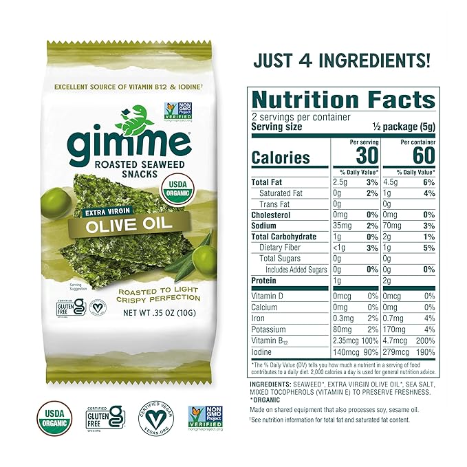 Gimme Seaweed Organic Premium Roasted Seaweed Snacks, Extra Virgin Olive Oil, 24 Count Sharing Size, Keto, Vegan, Gluten-Free, Source of Omega3s & Iodine, Healthy On-The-Go Snack for Kids & Adults