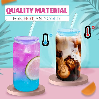 Joyclub 12pcs Glass Cups with Acrylic Lids and Straws 16 oz Can Shaped Glass Iced Coffee Cups with Lids and Straws, Cute Tumbler Cup Drinking Glasses for Smoothie Whiskey Boba Soda Tea Gift