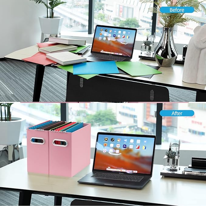 Oterri File Organizer, 2 Packs Small Storage Box, Cardboard File Folder Organizer, Collapsible File Box for Hanging File Folders Letter Size, Portable Filing Organizer with Handle（Pink）