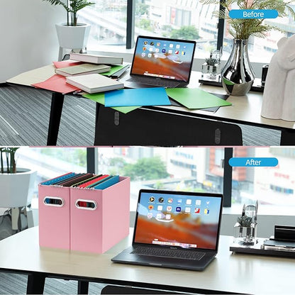 Oterri File Organizer, 2 Packs Small Storage Box, Cardboard File Folder Organizer, Collapsible File Box for Hanging File Folders Letter Size, Portable Filing Organizer with Handle（Pink）