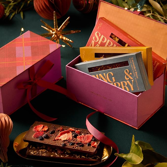 Spring & Mulberry Healthy Dark Chocolate Bars Sugar Free - Date Sweetened Chocolate Gift Box - Healthy Bars, Gluten Free & Vegan - Embellished with Fruits & Florals Holiday Chocolates Gift Set