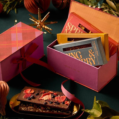 Spring & Mulberry Healthy Dark Chocolate Bars Sugar Free - Date Sweetened Chocolate Gift Box - Healthy Bars, Gluten Free & Vegan - Embellished with Fruits & Florals Holiday Chocolates Gift Set