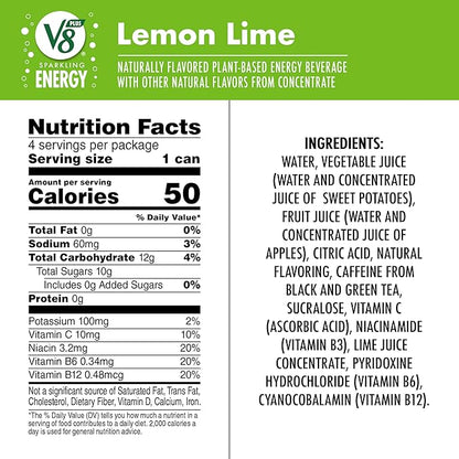 V8 +Energy Sparkling Lemon Lime Juice Energy Drink, 11.5 fl oz Can (4 Pack)