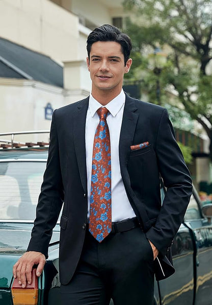 HISDERN Men Floral Ties Woven Classic 3.4" Necktie Set Formal Tie Pocket Square for Wedding with Handkerchief Gift Box