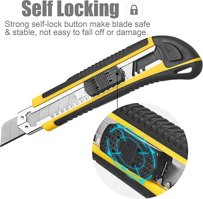 DOWELL Utility Knife Box Cutter Retractable Self Loading Heavy Duty Snap Off Quick Change Extra Blades(3PCS) TPR+PP Handle Cutting Cardboard Boxes or DIY 3Pack