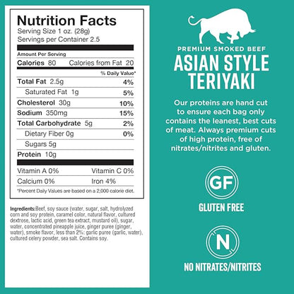 Chef's Cut Beef Jerky Meat, Teriyaki (2.5 Ounce Bags, Pack of 4) - High Protein, 10g Protein, 80 Calories, Gluten-Free, Premium Lean Smoked Beef, Keto Friendly Snack, Low Carb Snack