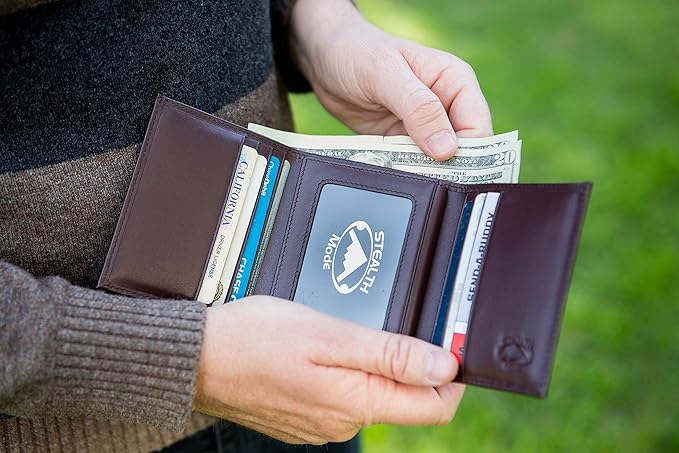 Stealth Mode Leather Trifold RFID Wallet For Men With Flip Out ID Holder (Brown)