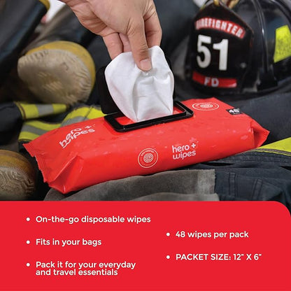 Hero Wipes Body Wipes Remove 98% Of Carcinogens, Ash, Soot, Smoke, Toxins - 12 Packs of 48ct Extra Thick Durable 10x9 inches Firefighter Wet Wipes