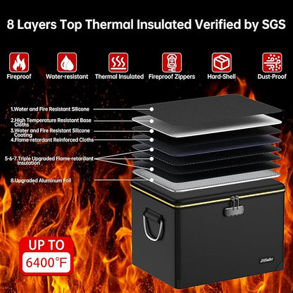 Fireproof Document Box with Fireproof Zipper,Hard Case Fireproof File Box with Lock,Insulated Non-Foldable Fireproof File Cabinet Large Portable Home Office File Organizer for Hanging Letter Folders