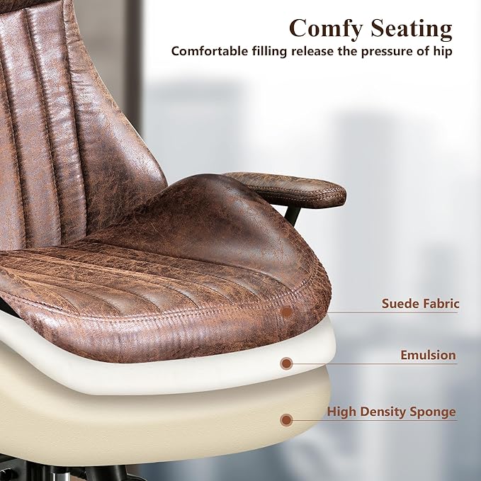 Mid Century Modren Office Chair,High Back Ergonomic Executive Chair with Lumbar Support, Computer Desk Swivel Task Chair with Wheels, Faux Lether Suede Fabric Home Chair (Dark Brown)