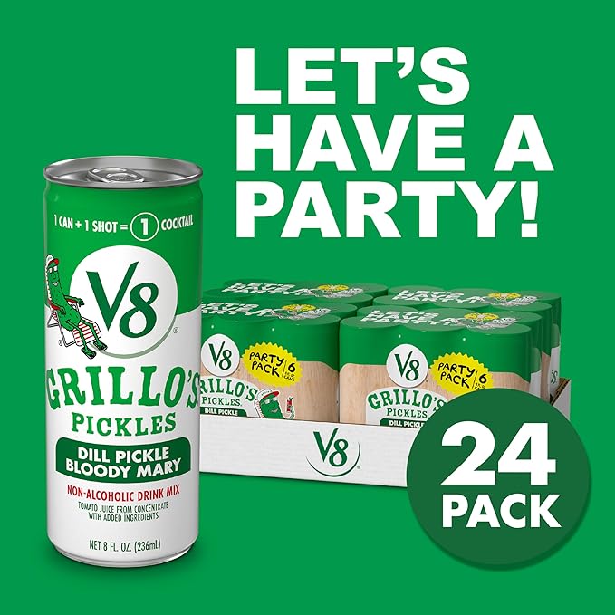 V8 Grillo's Pickles Dill Pickle Bloody Mary Mix, 8 fl oz Can (24 Pack)