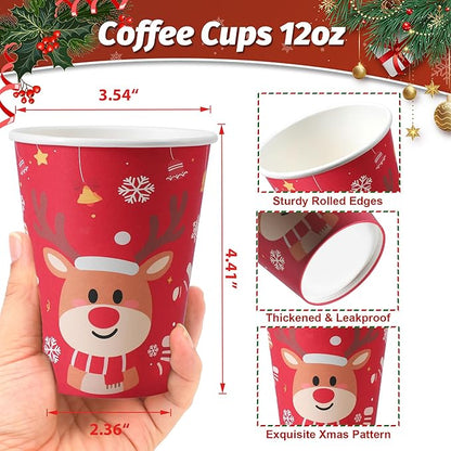 100 Pack 12 oz Christmas Coffee Cups No Lids, Disposable Hot Cold Drinking Cup, 12 Ounce Paper Coffee Cups for Party, Businsess, Holiday, Home