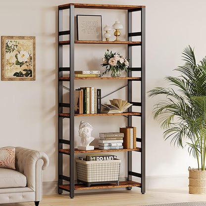 IRONCK Bookshelf, 31.5in Wide Shelf 6 Tier Bookcase, 110lbs/shelf Vintage Industrial Style Bookshelves for Bedroom, Living Room and Home Office, Vintage Brown