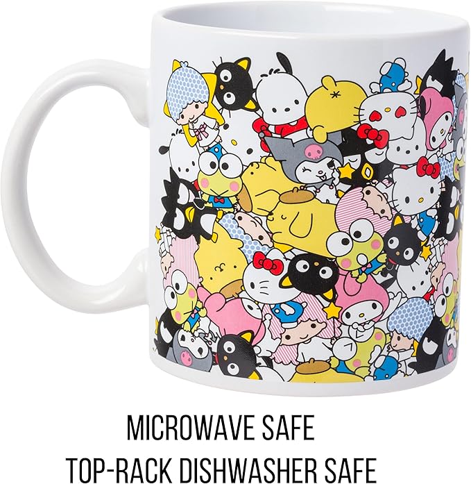 Silver Buffalo Sanrio Hello Kitty and Friends Featuring Badtz-Maru, Keroppi, My Melody, Pochacco, Chococat, Pompompurin, and Little Twin Stars Ceramic Mug, 20 Ounces