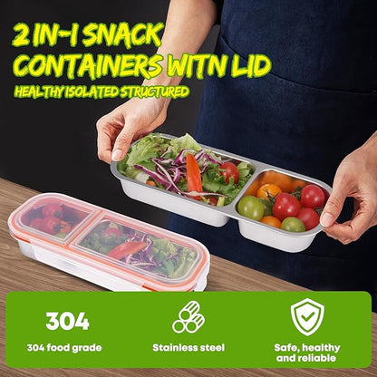 2 Pack Stainless Steel Snack Containers with Lids - Reusable 2 Compartment Snackle Box Container Divide Wet Dry Leakproof Metal Food Storage Containers for School, Home, Travel (Yellow + Orange)