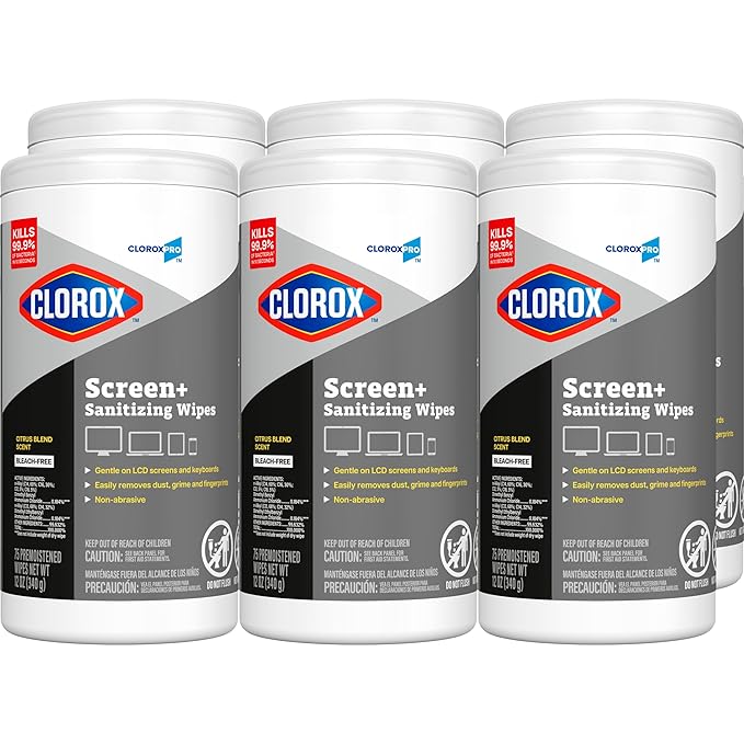 CloroxPro Clorox Screen+ Sanitizing Wipes, Bleach Free Cleaning Wipes, Citrus Blend Scent, 75 Count, Pack of 6