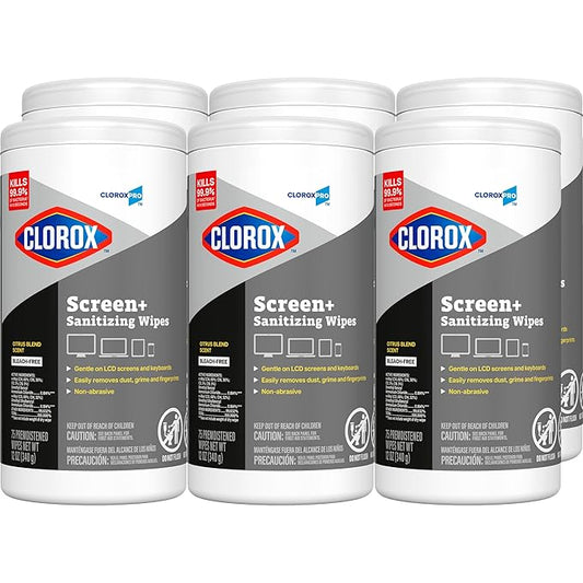 CloroxPro Clorox Screen+ Sanitizing Wipes, Bleach Free Cleaning Wipes, Citrus Blend Scent, 75 Count, Pack of 6