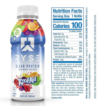 RYSE Clear Protein Drink - Kool-Aid Tropical Punch - 100 Calories, 22g Whey Isolate Protein Shake, Sugar-Free, 0g Fat & Lactose-Free - Refreshing Ready-to-Drink Beverage - 16.9 fl oz Bottles (12-Pack)