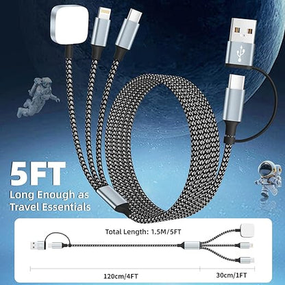 Travel 3 in 2 Charging Cable for iWatch Charger, Travel Essentials UB-A/USB-C Multi Charging Cable/Cord for All Devices Compatible for iWatch Ultra/SE/10-1, iPhone16 15 14, Android-5FT