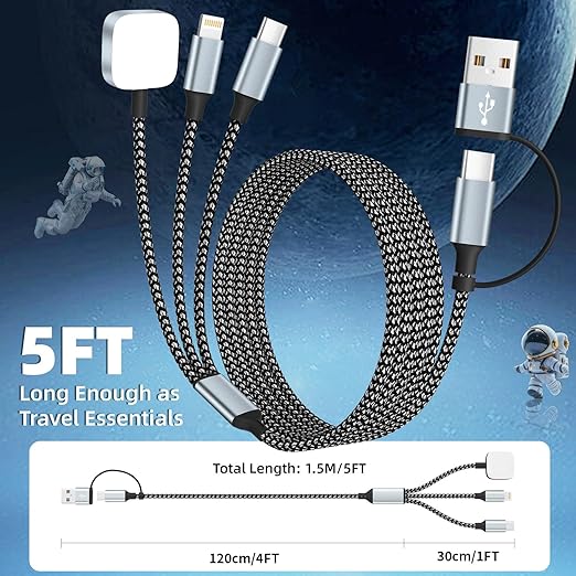Travel Essentials, 3 in 2 UB A/USB C Cable for Watch Charger, Multi Phone Charging Cable/Cord for All Devices for iWatch Ultra/SE/10-1, Phone16 15 14, Android, iPads, More (2Packs 5FT)