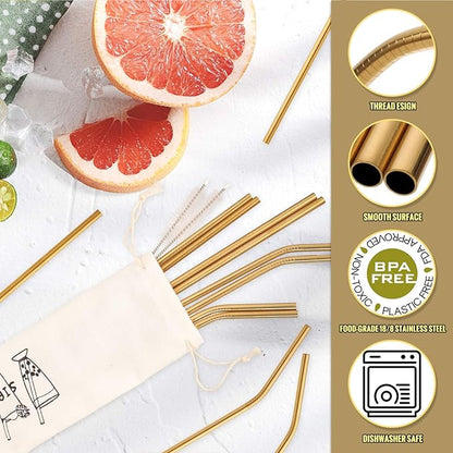 Hiware 12-Pack Gold Stainless Steel Straws Reusable with Case - Metal Drinking Straws for 30oz & 20oz Tumblers Dishwasher Safe, 2 Brushes Included