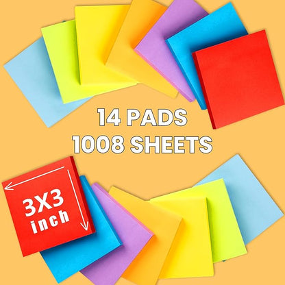 14 Pack Sticky Notes 3x3 Inches - Rainbow Colors Self-Stick Pads - Strong Adhesion, Smooth Writing, No Residue - Easy to Post for Home, Office, School - 72 Sheets/Pad - MindLine
