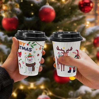 Christmas 100 Pack Coffee Cups with Lids 12oz, Disposable Insulated Ripple Wall To Go Paper Coffee Cups for Hot/Cold Drinks Office Home Shop Event