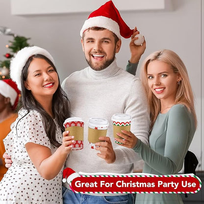 300 Pcs/100 Sets Christmas Coffee Cups with Lids and Sleeves 12 oz Disposable Christmas Paper Cups Party Drinking Cups for Hot and Cold Drinks Chocolate Coffee Tea Beverage Bar Supplies (Simple)