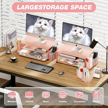 Desk Organizers and Accessories, 2-Tier Computer Monitor Stand with Drawer and 2 Pen Holders, Laptop Stand, Office Desk Accessories for Office Supplies, Rose Gold
