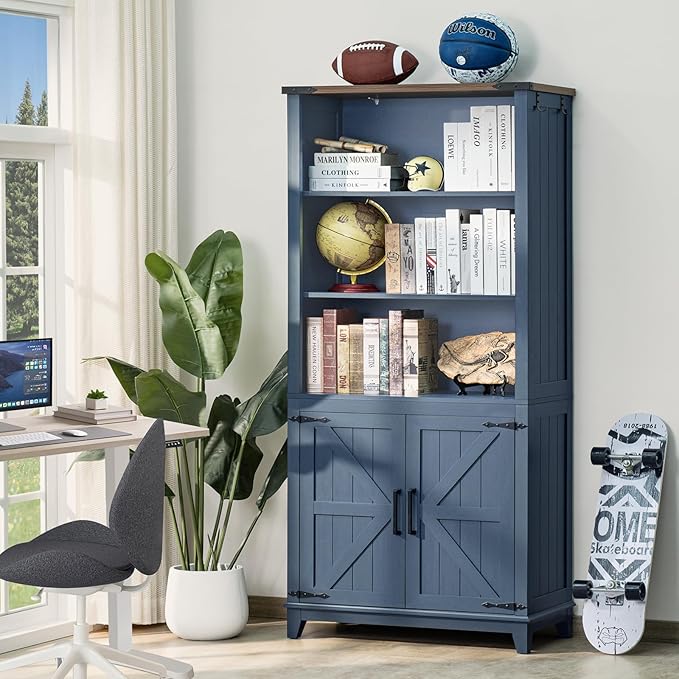 5 Tier Bookshelf 70in Tall Bookcase with Barn Doors and Storage Cabinet, Blue Farmhouse Book Shelf with Adjustable Shelves, Wood Freestanding Display Bookshelves for Bedroom, Kitchen (3PCS)