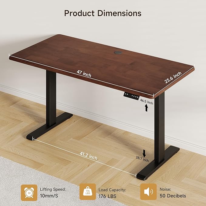 Onbrill Standing Desk, 47x23.6 Inches Whole-Piece Board Rectangle Stand Up Desk with Solid Wood Desktop and Memory Controller, Adjustable Height from 28-46 Inches for Home & Office, Black Walnut