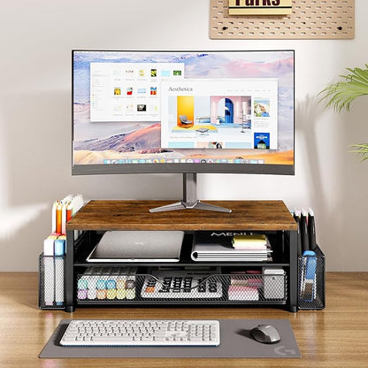 Desk Organizers and Accessories, 2-Tier Computer Monitor Stand Riser with Drawer and 2 Pen Holders, Laptop Stand, Office Desk Accessories for Office Supplies, Brown