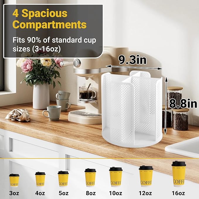 4-Compartment Rotating Paper Cup Holder & Coffee Cup Lid Storage Dispenser, Plastic Cup Dispenser Removable, Space-Saving Countertop Cup Holder for Coffee Bars, Kitchens (White)