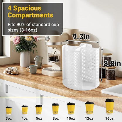 4-Compartment Rotating Paper Cup Holder & Coffee Cup Lid Storage Dispenser, Plastic Cup Dispenser Removable, Space-Saving Countertop Cup Holder for Coffee Bars, Kitchens (White)