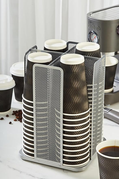 Annova Paper/Plastic Cup and Lid Holder Plastic Storage Organizer, 360°Rotating Coffee Mup Dispenser with 4 Compartments, Multifunctional Storage Rack for Home, Office, Bar, Coffee Shop (Silver)